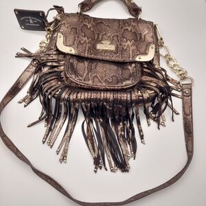 Christian Audigier Metallic Snake Print Fringe Bag Y2K Boho Crossbody